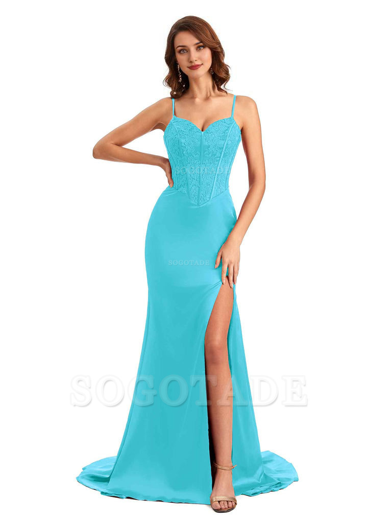 Sexy Side Slit Mermaid Silky Satin V-Neck Lace Unique Long Bridesmaid Dresses