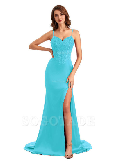 Sexy Side Slit Mermaid Silky Satin V-Neck Lace Unique Long Bridesmaid Dresses