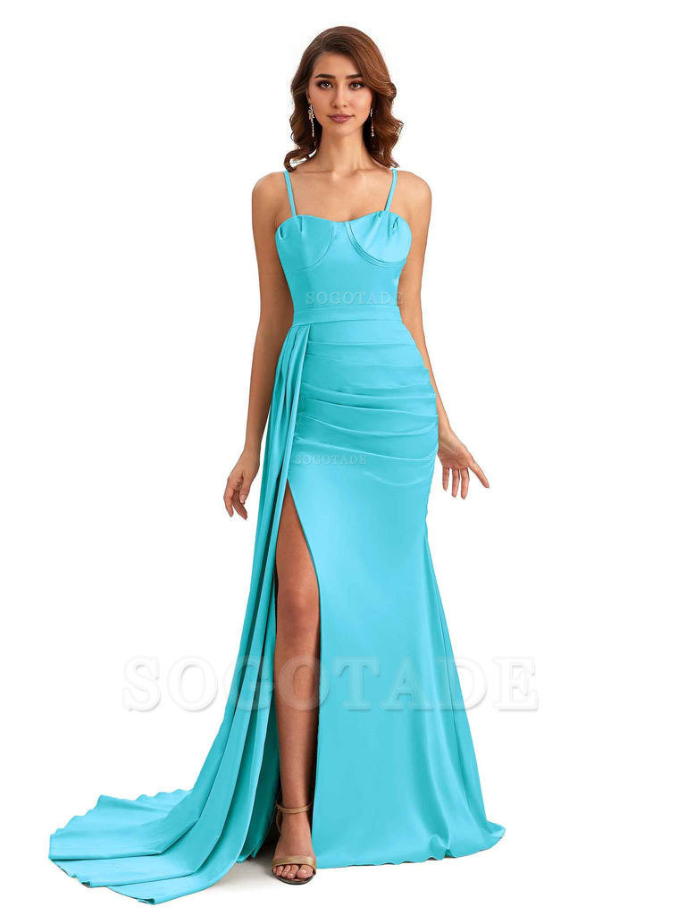 Sexy Spaghetti Straps Side Slit Mermaid Unique Long Bridesmaid Dresses In Satin