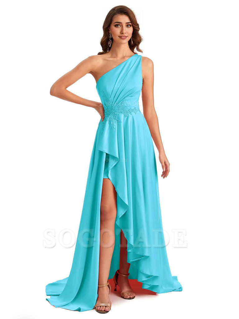 Sexy One Shoulder A-Line High Low Silky Satin Lace Long Formal Wedding Guest Dresses