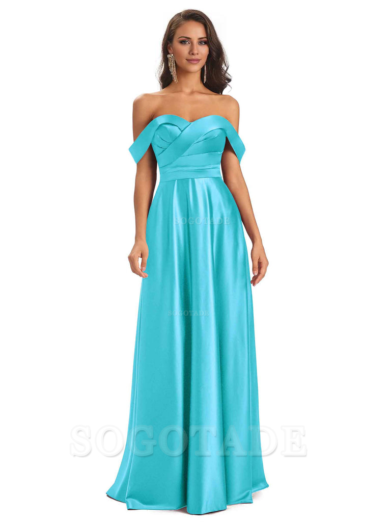 Sexy Soft Satin Off The Shoulder A-Line Long Bridesmaid Dresses Elegant Evening Party Dress