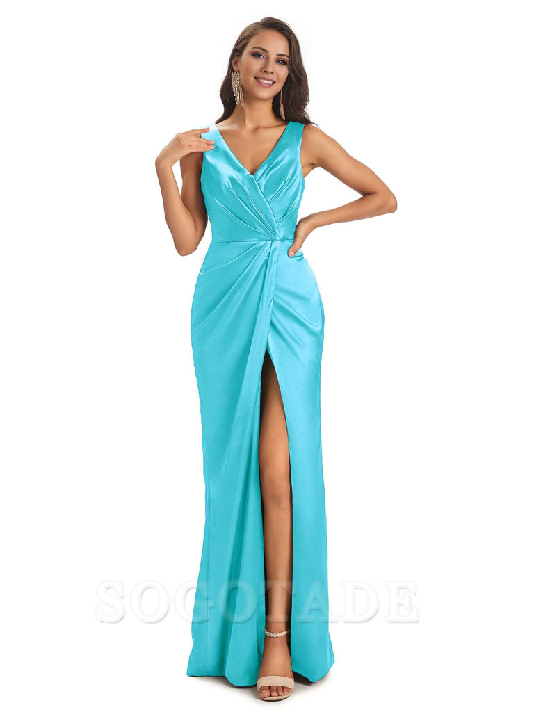 V-Neck Unique Long Satin Bridesmaid Dresses with Front Slit