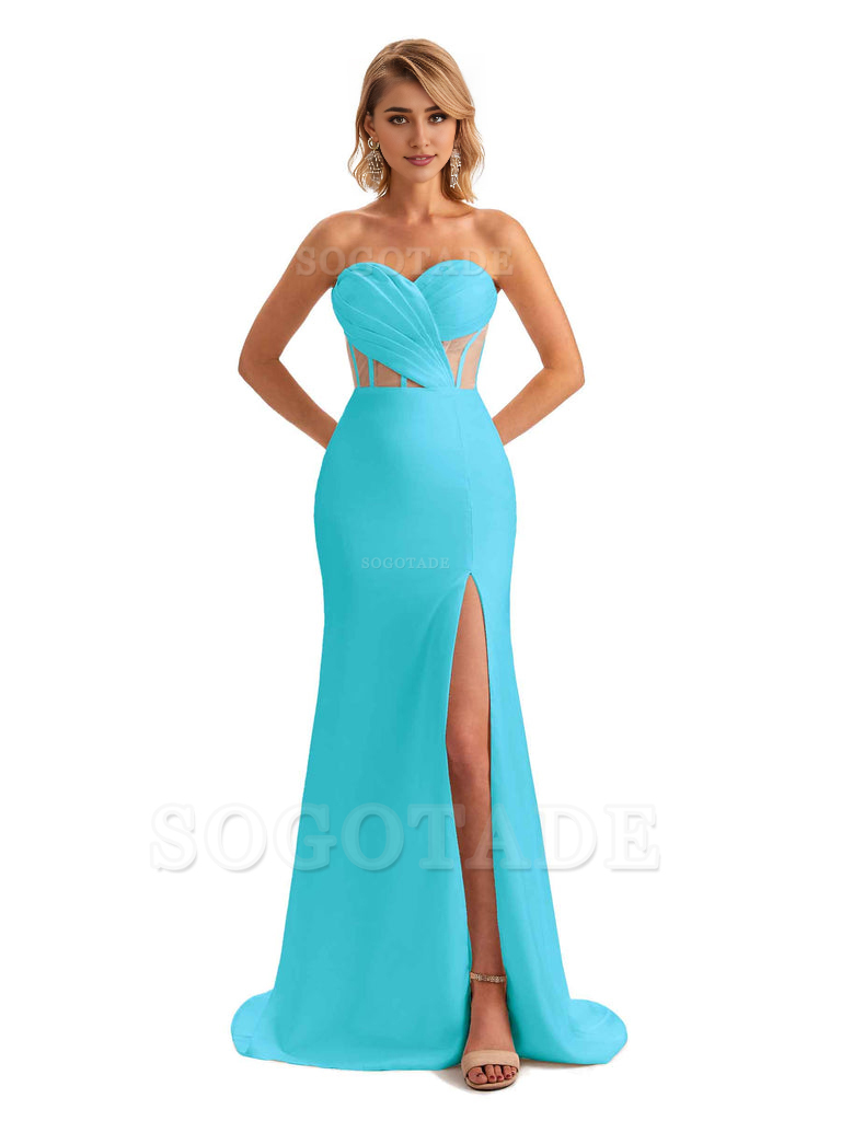 Sexy Sweetheart Strapless Side Slit Mermaid Soft Satin Unique Long Bridesmaid Dress For Wedding