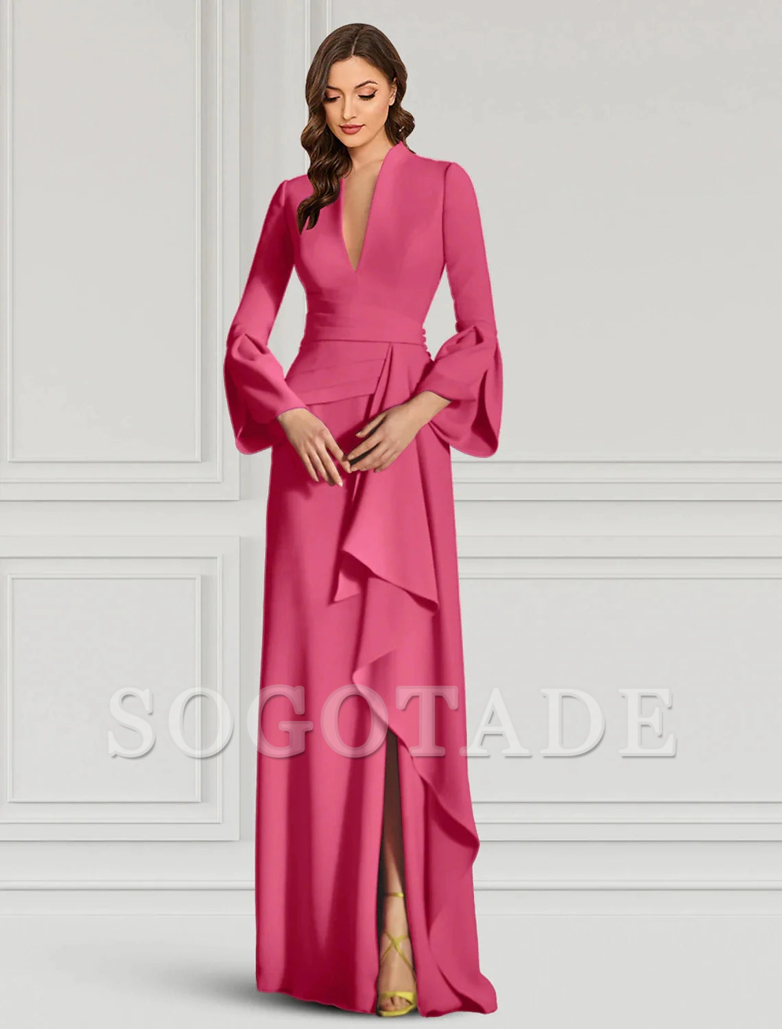 heath Evening Gown Elegant Black Dress Formal Cocktail Party Dress Floor Length Long Sleeve V Neck Fall Wedding Guest Stretch Fabric with Ruffles