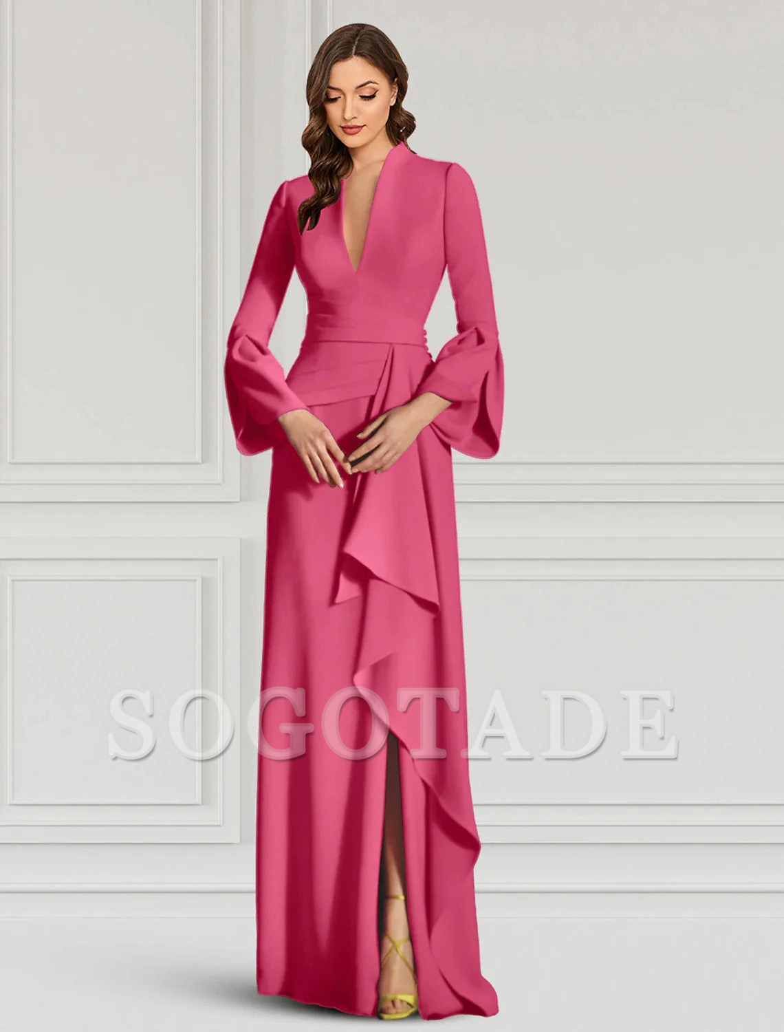 heath Evening Gown Elegant Black Dress Formal Cocktail Party Dress Floor Length Long Sleeve V Neck Fall Wedding Guest Stretch Fabric with Ruffles