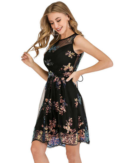 A-Line Cocktail Dresses Glittering Dress Party Wear Cocktail Party Short / Mini Sleeveless Illusion Neck Tulle with Pleats Sequin-SOGOTADE