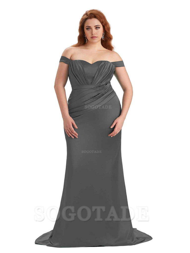 Sexy Mermaid Off The Shoulder Sweetheart Soft Satin Floor Length Long Plus Size Maid of Honor Dresses