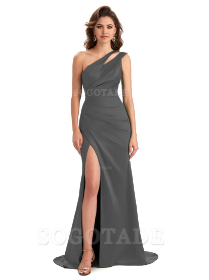 Mermaid One Shoulder Satin Sexy formal dresses evening gown Bridesmaid Dresses With Side Slit 