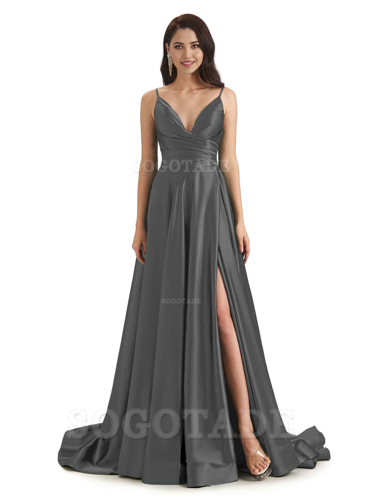 Spaghetti Straps Satin formal dresses evening gown Bridesmaid Dresses With Side Slit 