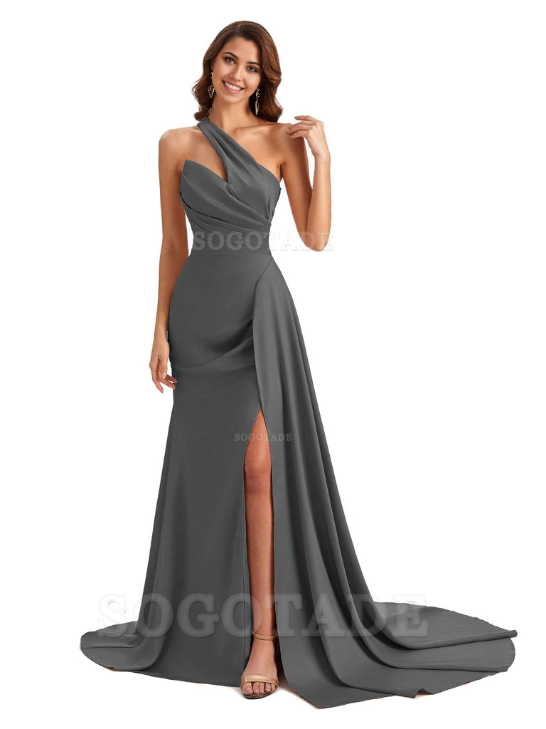 Mermaid One shoulder Satin formal dresses evening gown Bridesmaid Dresses With Side Slit 
