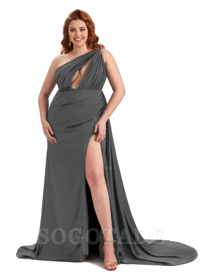 One Shoulder Sleeveless Sexy Side Slit Mermaid Soft Satin Long Plus Size Bridesmaid Dresses Online