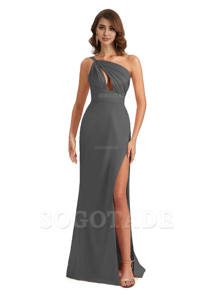 Sexy One Shoulder Silky Satin Unique Long Ladies Bridesmaid Dress For Wedding