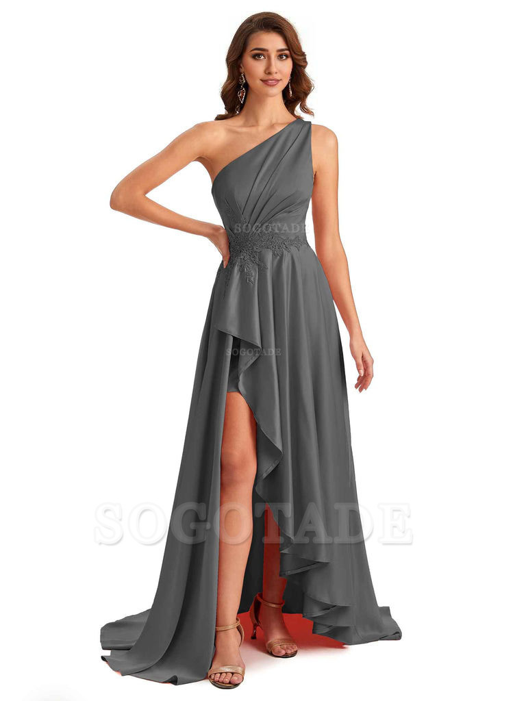 Sexy One Shoulder A-Line High Low Silky Satin Lace Long Formal Wedding Guest Dresses