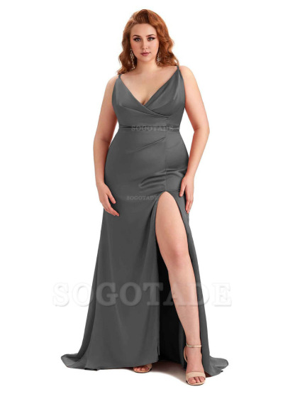 Sexy Side Slit Spaghetti Straps Mermaid Soft Satin Fashion Bridesmaid Dresses