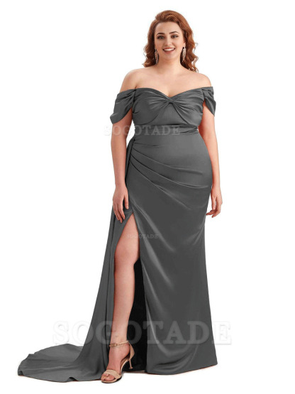  Sexy Side Slit Off The Shoulder Mermaid Soft Satin Long Plus Size Bridesmaid Dress For Wedding