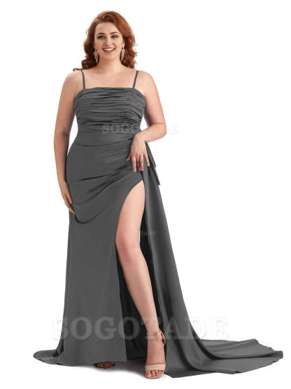 Sexy Side Slit Spaghetti Straps Mermaid Soft Satin Long Plus Size Bridesmaid Dresses Online