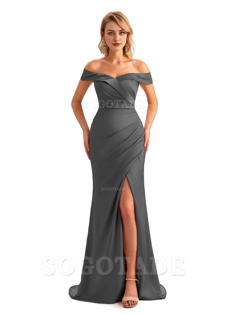 Off Shoulder Side Slit Mermaid Silky Satin Unique Long Formal Wedding Guest Dresses Online
