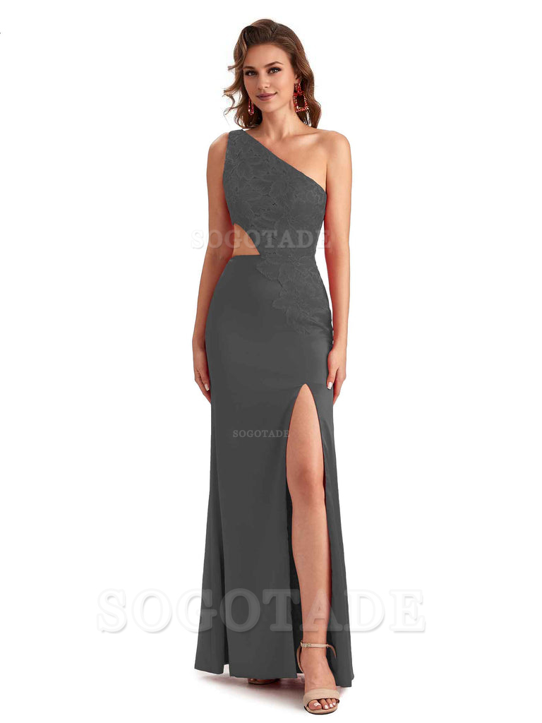Sexy Side Slit Mermaid Lace Silky Satin One Shoulder Chic Long Bridesmaid Dresses