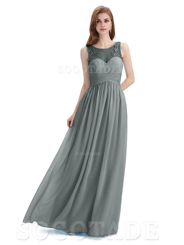 Elegant A-Line Chiffon Sleeveless Ruched Long Simple Bridesmaid Dresses Formal Women's Dresses Wedding Guests Dresses