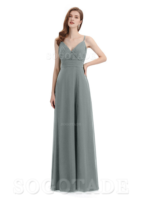 Chiffon V-Neck Spaghetti Strap Floor-Length Side Fork Long Bridesmaid Dresses Formal Women's Dresses Wedding Guests Dresses