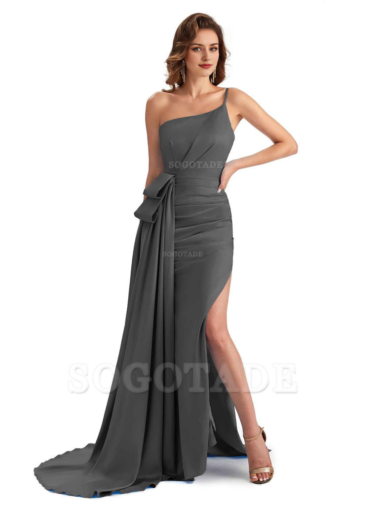 Sexy Side Slit Mermaid Silky Satin One Shoulder Modern Maxi Bridesmaid Dresses
