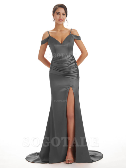 Mermaid Off The Shoulder Satin formal dresses evening gown Bridesmaid Dresses With Side Slit 