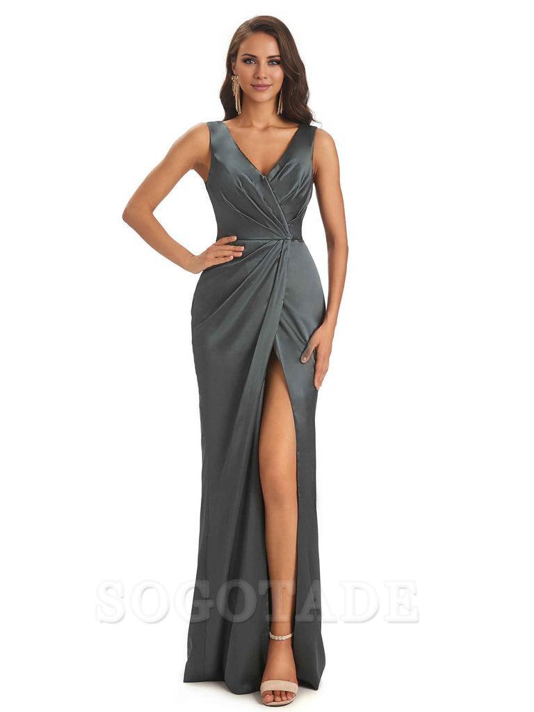 V-Neck Unique Long Satin Bridesmaid Dresses with Front Slit