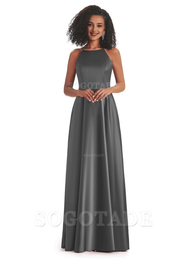 Soft Satin A-Line Halter Floor-Length Modern African Bridesmaid Dresses