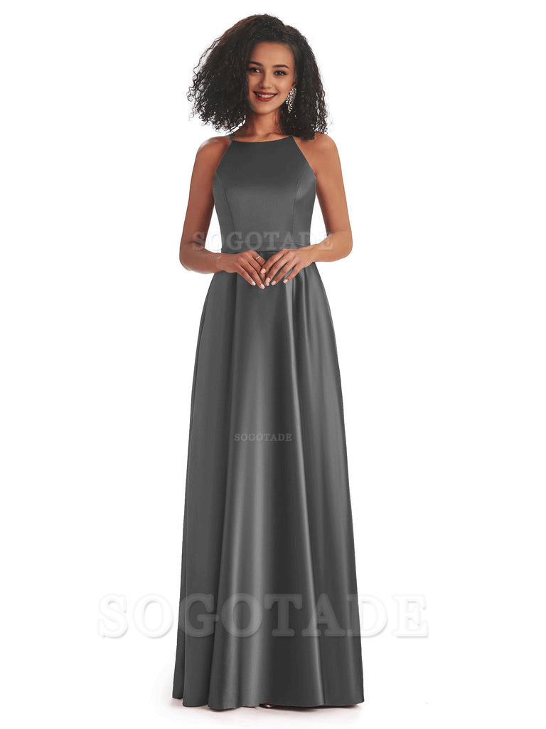Soft Satin A-Line Halter Floor-Length Modern African Bridesmaid Dresses