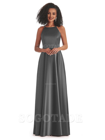 Soft Satin A-Line Halter Floor-Length Modern African Bridesmaid Dresses