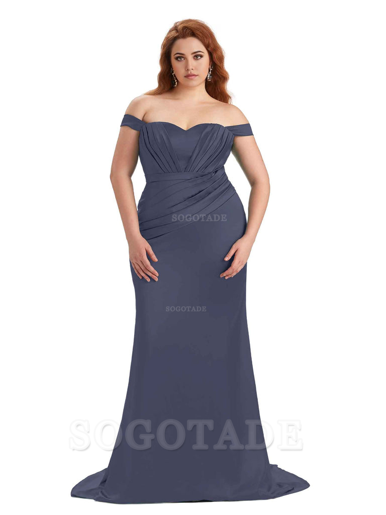 Sexy Mermaid Off The Shoulder Sweetheart Soft Satin Floor Length Long Plus Size Maid of Honor Dresses