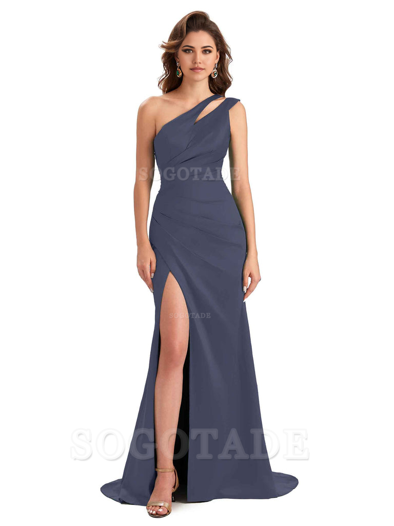 Mermaid One Shoulder Satin Sexy formal dresses evening gown Bridesmaid Dresses With Side Slit 