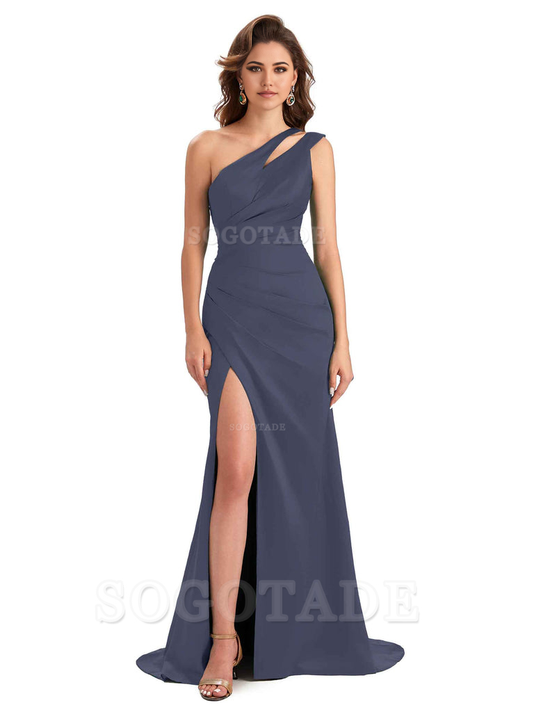 Mermaid One Shoulder Satin Sexy formal dresses evening gown Bridesmaid Dresses With Side Slit 