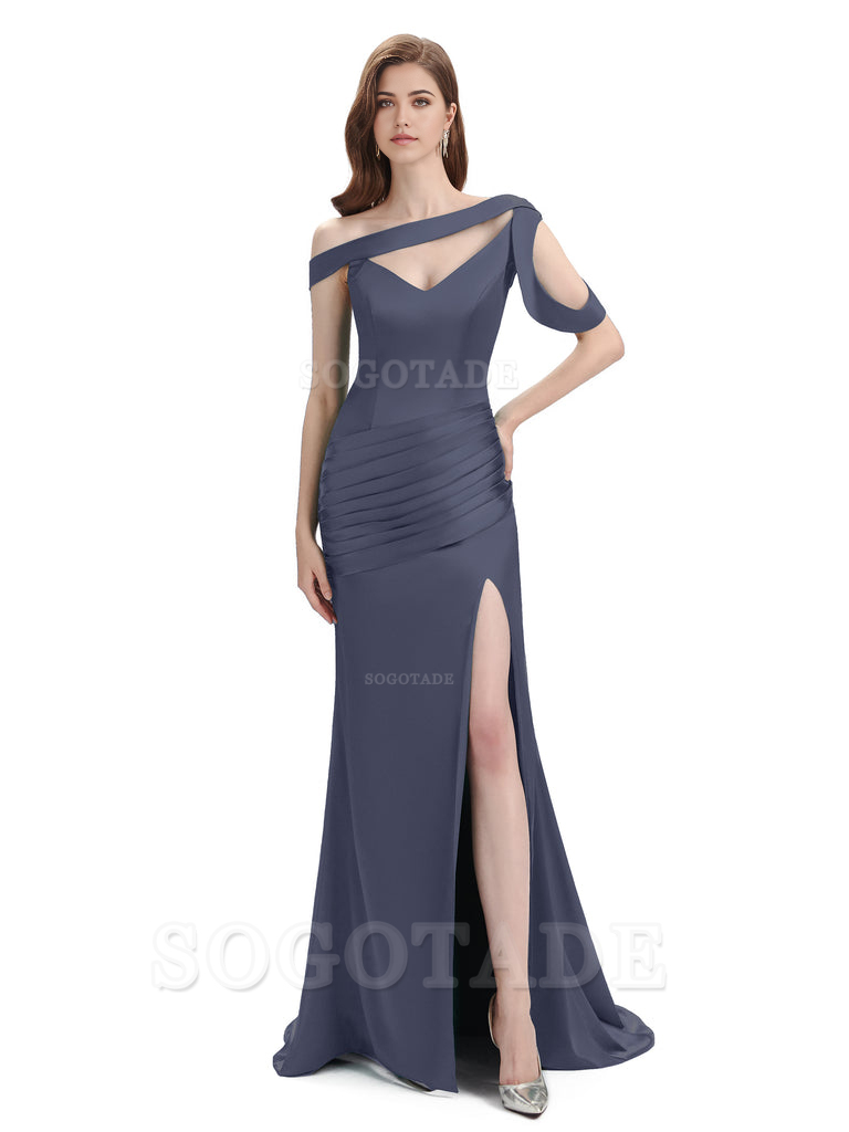 Mermaid V-Neck Satin Floor-Length formal dresses evening gown Bridesmaid Dresses With Side Slit 