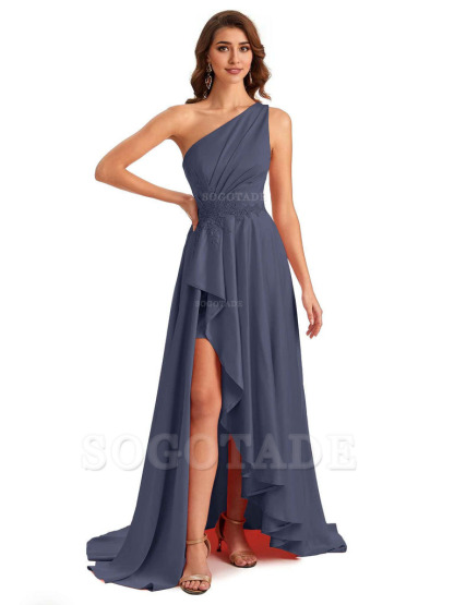 Sexy One Shoulder A-Line High Low Silky Satin Lace Long Formal Wedding Guest Dresses