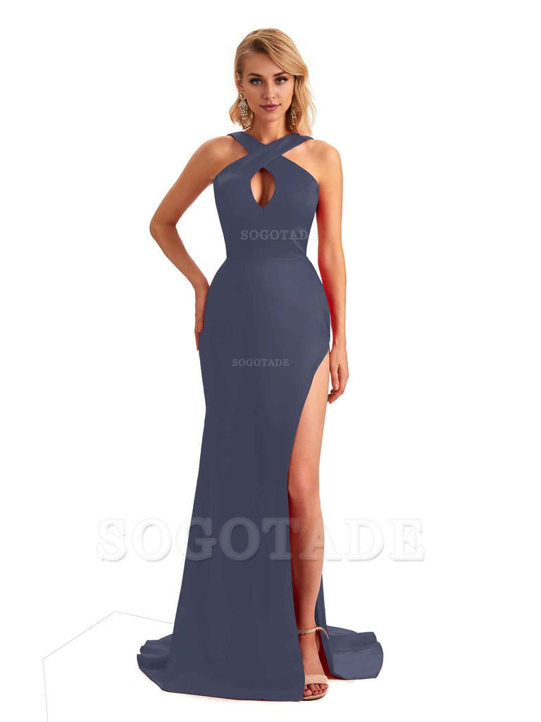 Sexy Side Slit Halter Mermaid Silky Satin Unique Long Formal Wedding Bridesmaid Dresses