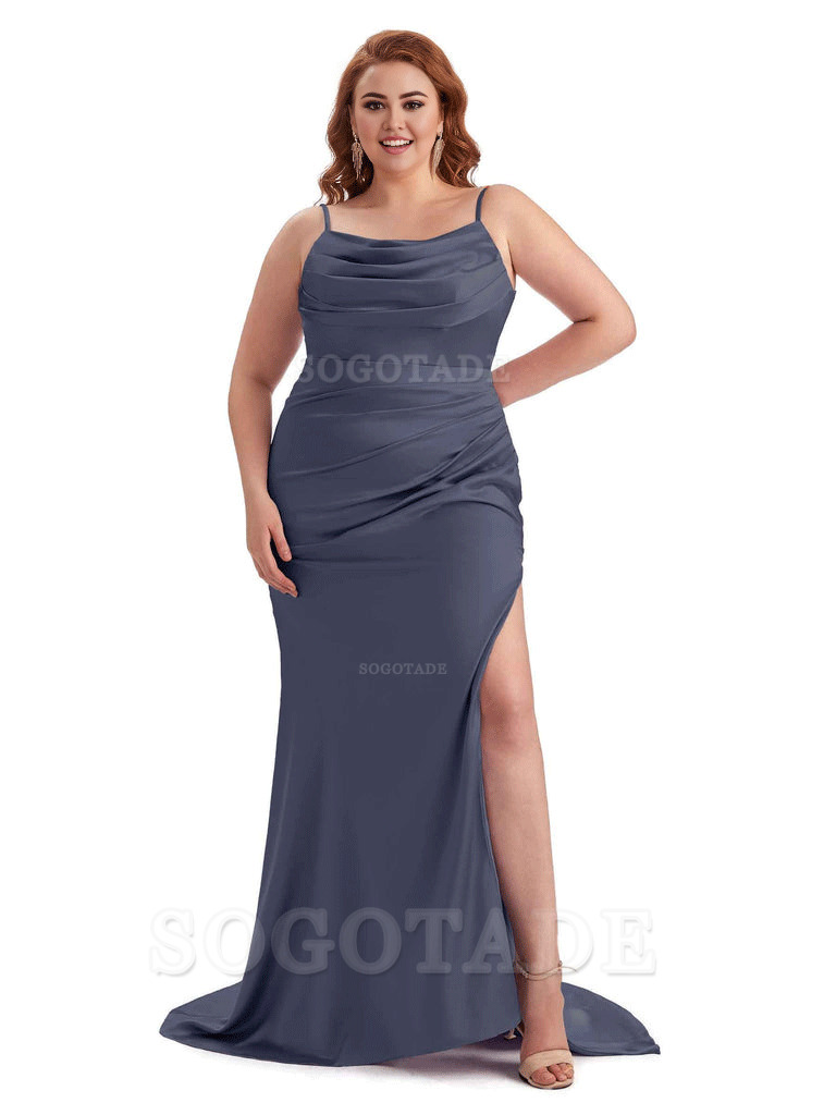 Sexy Jewel Side Slit Mermaid Soft Satin Long Plus Size Bridesmaid Dress For Wedding