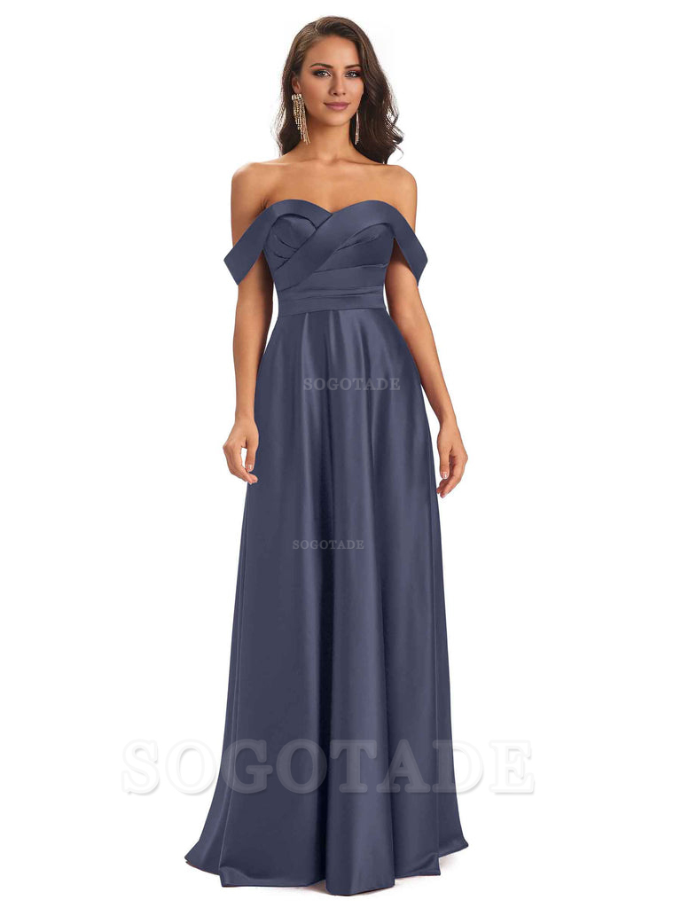 Sexy Soft Satin Off The Shoulder A-Line Long Bridesmaid Dresses Elegant Evening Party Dress