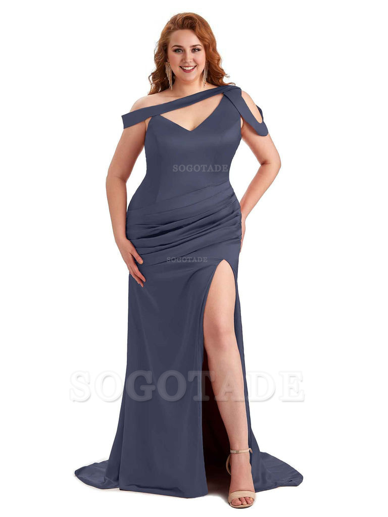 Sexy V-Neck Side Slit Unique Mermaid Soft Satin Long Plus Size Bridesmaid Dress For Wedding