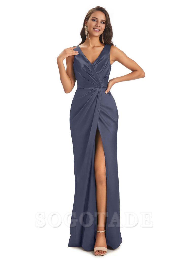 V-Neck Unique Long Satin Bridesmaid Dresses with Front Slit