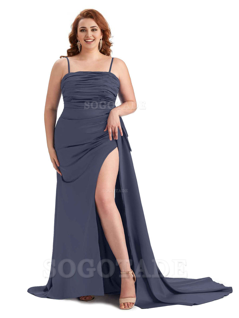 Sexy Side Slit Spaghetti Straps Mermaid Soft Satin Long Plus Size Bridesmaid Dresses Online