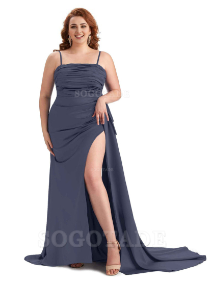 Sexy Side Slit Spaghetti Straps Mermaid Soft Satin Long Plus Size Bridesmaid Dresses Online