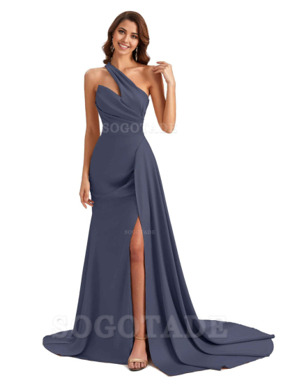 Mermaid One shoulder Satin formal dresses evening gown Bridesmaid Dresses With Side Slit 