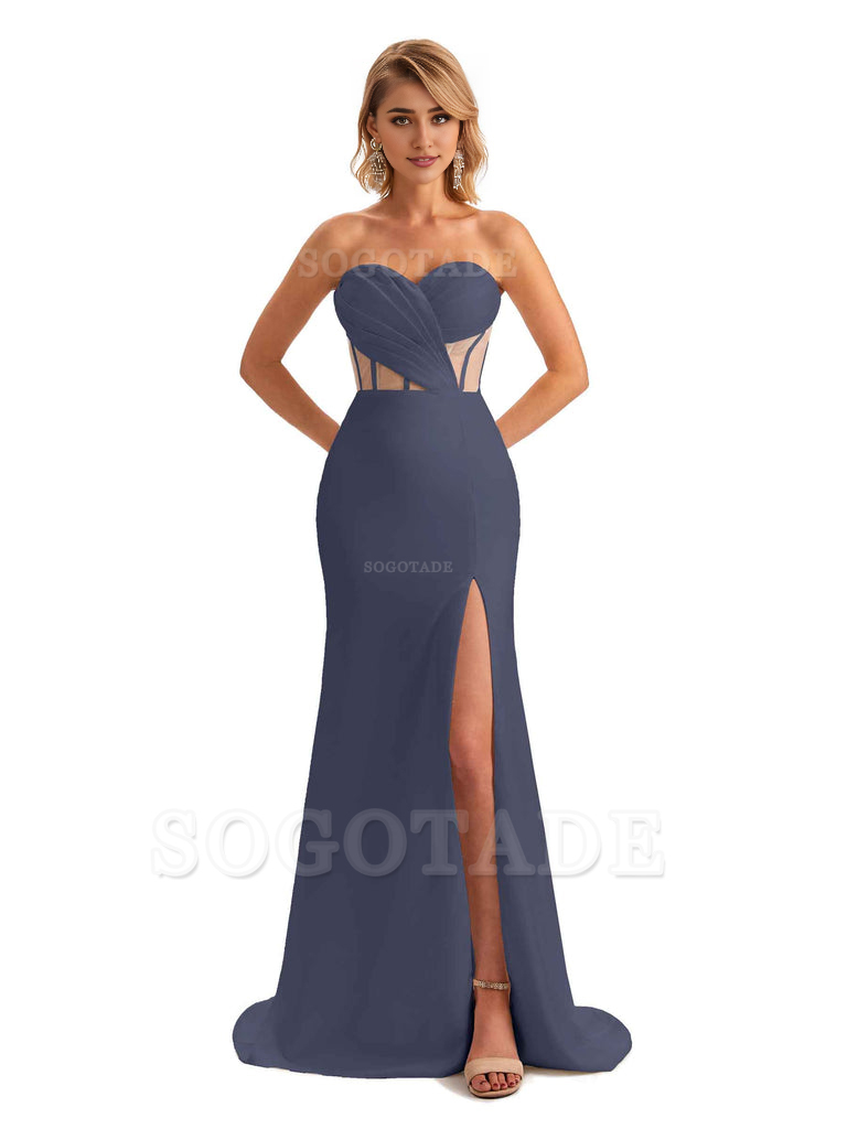Sexy Sweetheart Strapless Side Slit Mermaid Soft Satin Unique Long Bridesmaid Dress For Wedding
