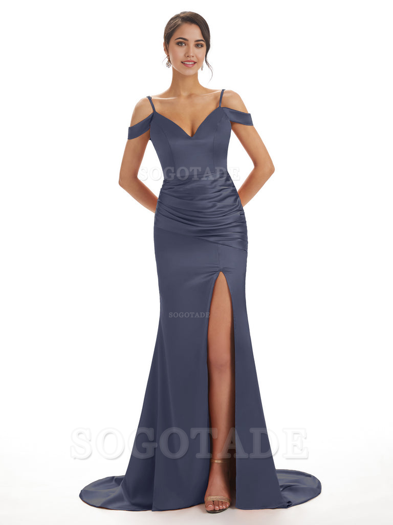 Mermaid Off The Shoulder Satin formal dresses evening gown Bridesmaid Dresses With Side Slit 