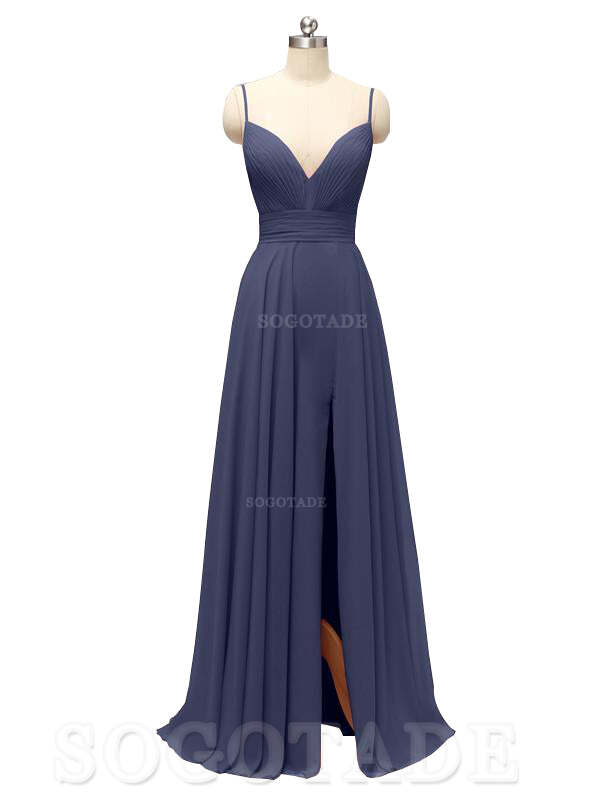 Honest Chiffon Spaghetti Straps Slit Long Bridesmaid Dresses prom shop dresses