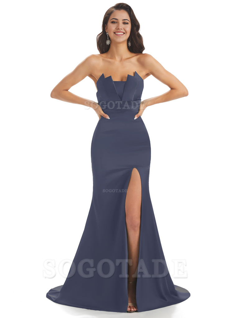 Mermaid sleeveless Satin formal dresses evening gown Bridesmaid Dresses With Side Slit 