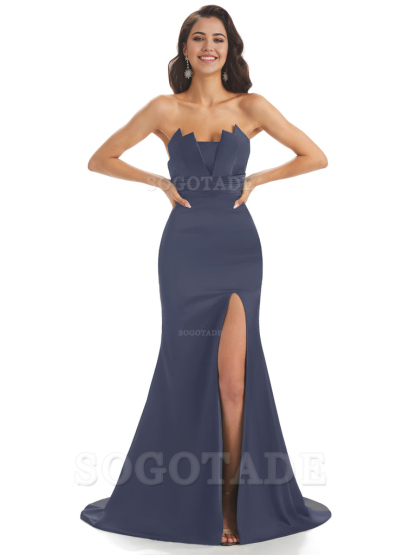 Mermaid sleeveless Satin formal dresses evening gown Bridesmaid Dresses With Side Slit 