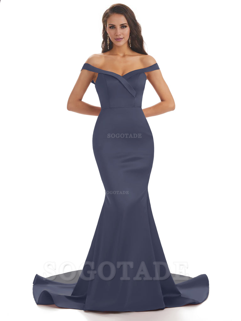 Elegant Off The Shoulder Soft Satin Mermaid Long Bridesmaid Dresses Charming Evening Party Dress