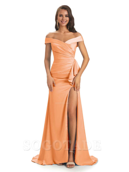 Sexy Soft Satin Side Slit Off The Shoulder Maxi Long Mermaid Bridesmaid Dresses prom shop dresses